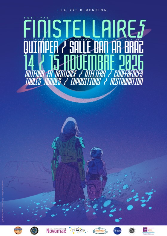 Affiche du festival Finistellaire 5, qui aura lieu les 14 et 15 novembre 2026, à la salle Dan Ar Braz à Quimper. L'illustration de l'affiche représente un personnage d'aspect féminin, de dos, portant une tenue composée d'une sorte d'armure et d'une robe, ainsi qu'un robot, également de dos, ayant une morphologie proche d'un enfant. Ces deux personnages se tiennent par la main. Ils se tiennent dans une plaine herbeuse et pentue, au milieu de formes ovoïdes luisantes, et regardent une planète visible dans le ciel au-dessus d'eux, entourée de deux anneaux qui s'entrecroisent, le tout nimbé d'une aura bleutée. La tonalité générale de l'illustration est un beau bleu roi tirant sur le violet, avec quelques nuances de rose sombre.